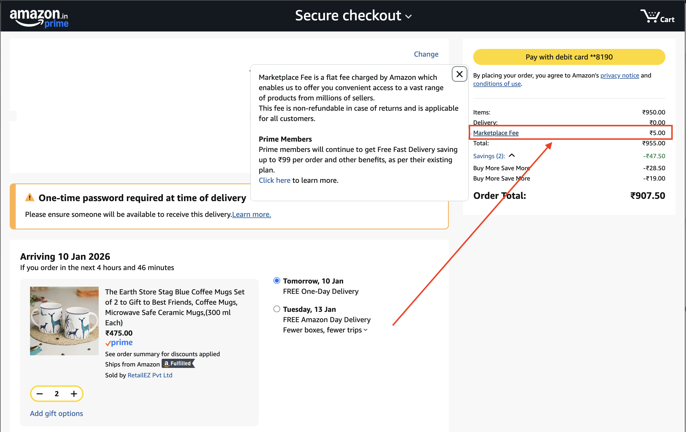 Amazon.in shows ₹5 marketplace fee on checkout