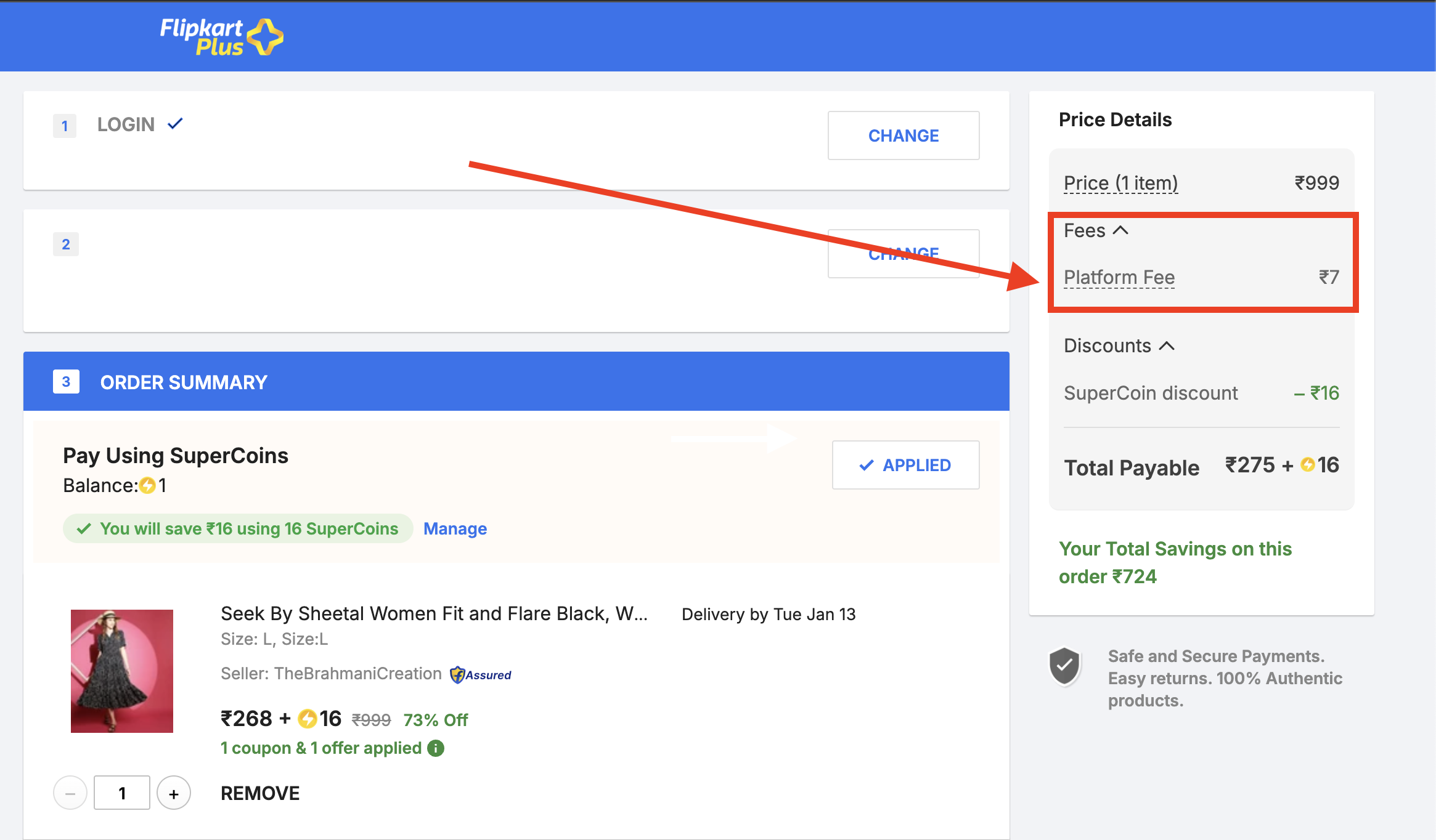 Flipkart shows ₹7 platform fee on checkout