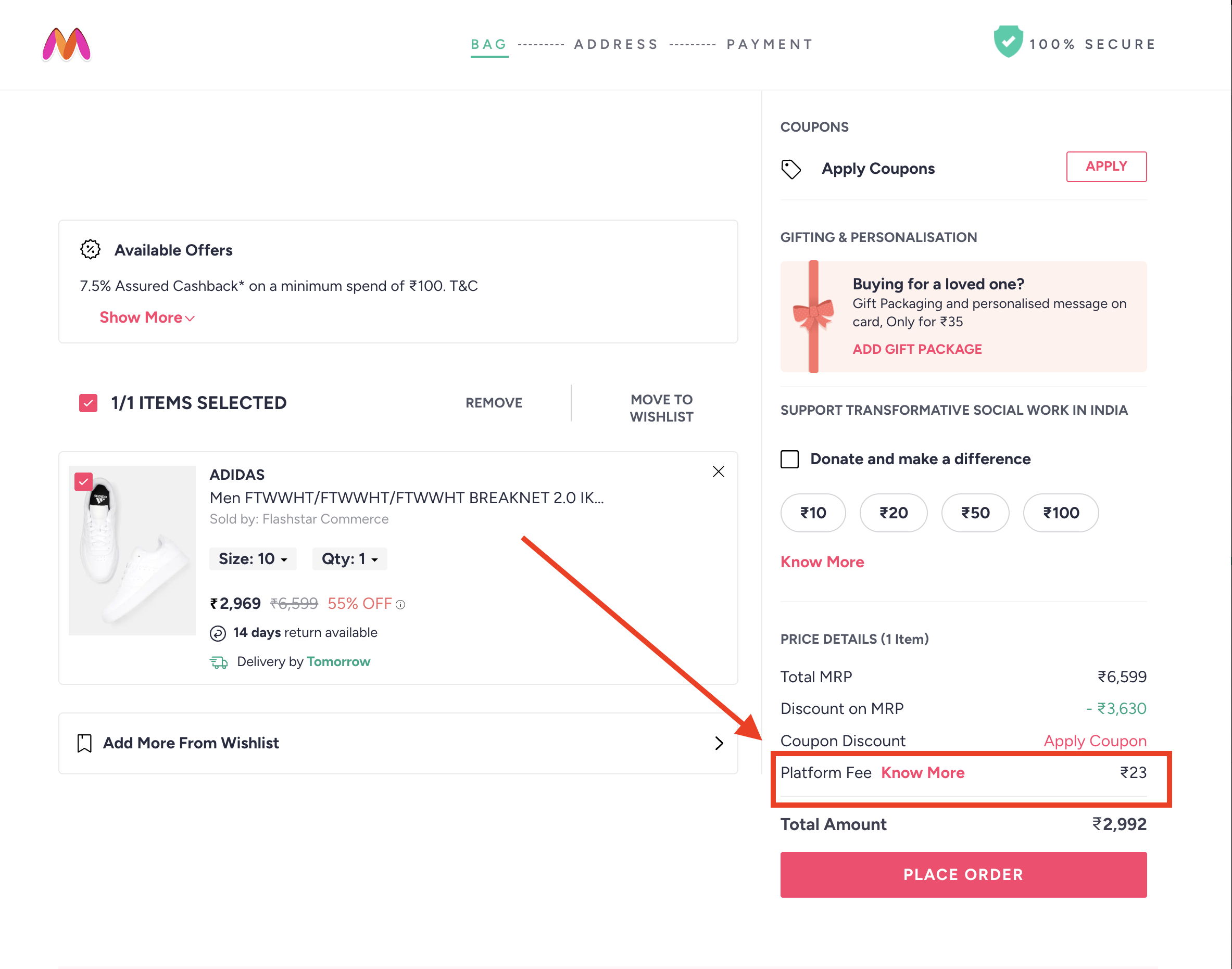 Myntra shows ₹23 platform fee on checkout